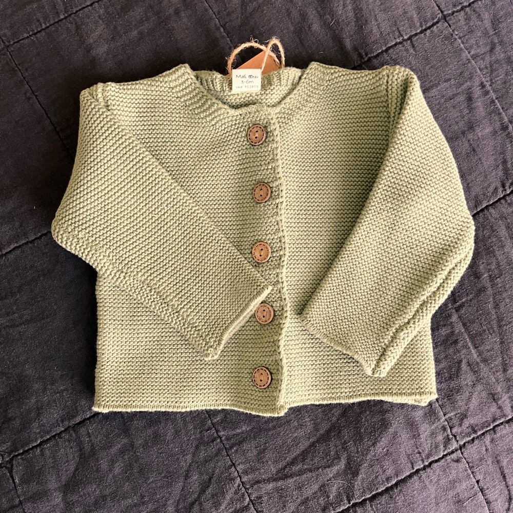Green Knit Baby Cardigan with Wooden Buttons